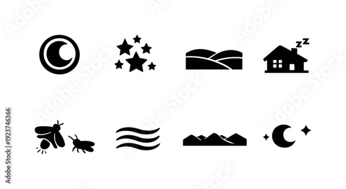 Starlit Icons Collection. Warm starlit evening. Filled icon set of Warm starlit evening: moon halo, star