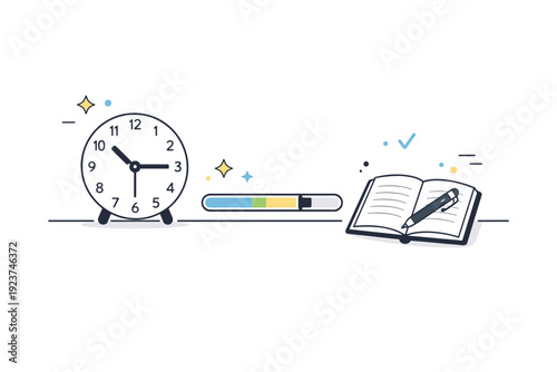 Intentional productivity visuals. Minimal desk scene with clock, notebook, and progress bar, suggesting steady pace and time awareness.