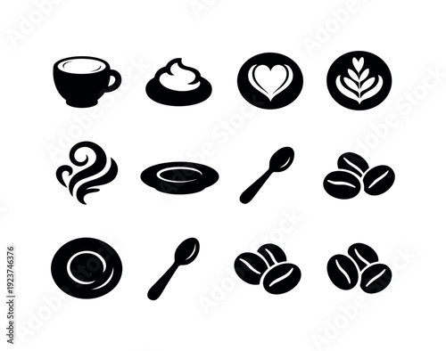 Coffee latte art. Filled icon set of Coffee latte art: coffee cup, latte foam, heart design,