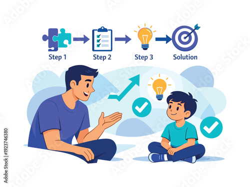 Explaining a tough question. A parent breaks a problem into steps, arrows and checkmarks
