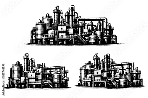 Industrial factory chemical processing facility. A dense industrial factory form with interconnected tanks, boxy processing units, ladders,