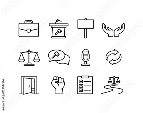 Legal advocacy and social justice. Line outline icon set of Legal advocacy and social