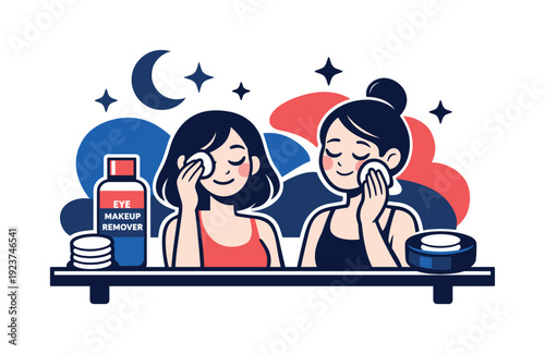 Evening makeup removal. Bathroom shelf with eye makeup remover and cotton, moon and stars