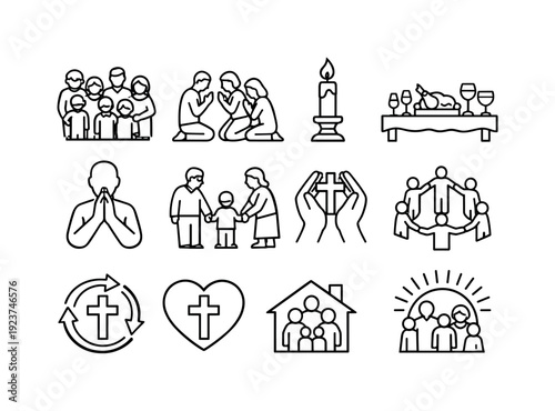 Family Religious Gatherings. Line outline icon set of Family Religious Gatherings: extended