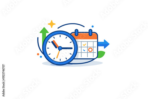 Time management a friendly badge-style composition combining a clock, calendar, and small arrows, expressing planning, deadlines, and steady