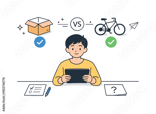 Thoughtful choice process. A person calmly comparing two options on a tablet, minimal notes and checkmarks visible. Clear mind and balanced