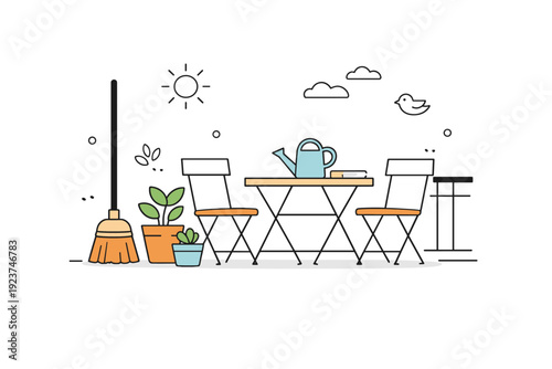 Balcony tidying rituals. A minimal balcony scene with a broom, plant pots, and neatly aligned furniture. The mood suggests routine care and peaceful order.