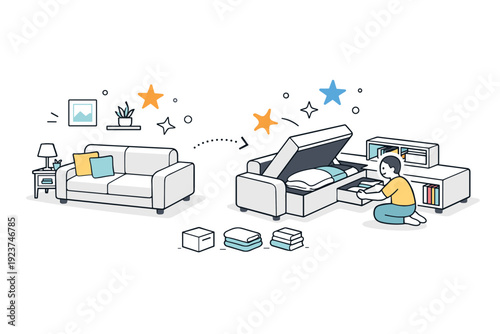 Convertible furniture storage. A tiny living room features a sofa that folds into storage compartments, abstract floating stars and dots highlighting
