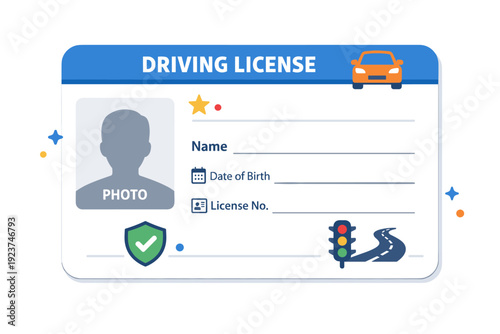 Driving license mockup presented as a clean ID card with a photo placeholder, simple lines and a small car icon, communicating official