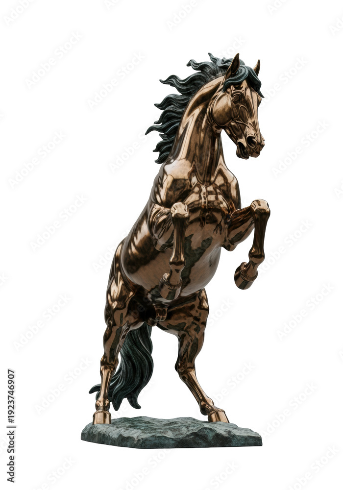 Naklejka premium Monumental bronze statue of a powerful, rearing stallion detailed with reflective polish and verdigris patina, isolated on a stark white background, radiating untamed power and classical elegance