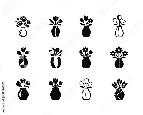 Collection of twelve minimalist floral icons in vases, perfect for design elements