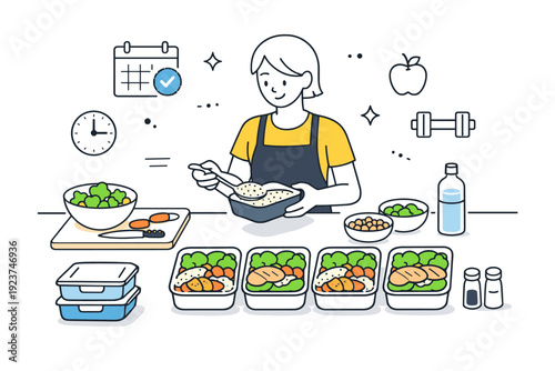 Healthy meal preparation. A person portioning meals into containers for the week. Organized routine, balance between health and everyday