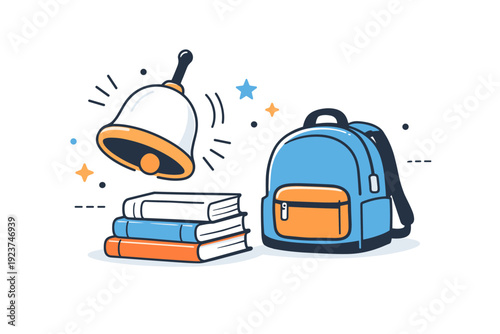 School day transition. A ringing bell with books and a backpack nearby, suggesting the start or end of lessons. Familiar, calm school