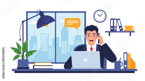 Productive businessman sitting at his office desk working on a laptop and talking on his mobile phone with a modern city view in background.