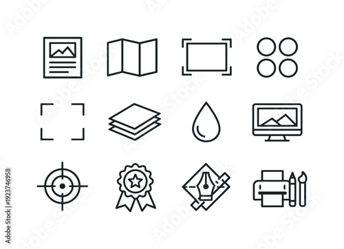 Print Graphic Design. Line outline icon set of Print Graphic Design: poster layout, brochure