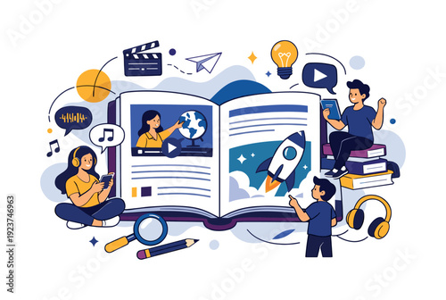 Multimedia learning. Interactive textbook combining text, video, and audio icons, content