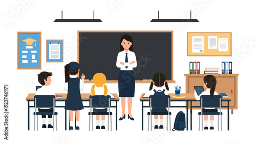 Professional teacher standing in front of a chalkboard in a classroom with students sitting at desks using laptops for their education.