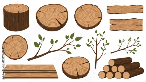 Collection of wood elements including tree trunk slices with annual rings, bark textures, green leafy branches, and stacked wooden logs.