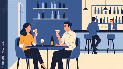 Friends and couples enjoying drinks and conversation in a stylish modern bar with shelves of bottles and a bartender serving at the counter.