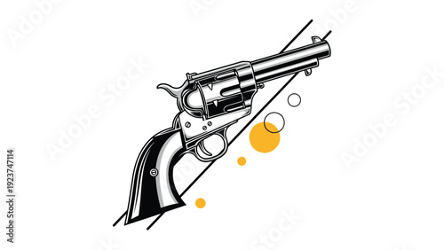 Black and white technical illustration of a classic western style revolver handgun with decorative circles and lines background.