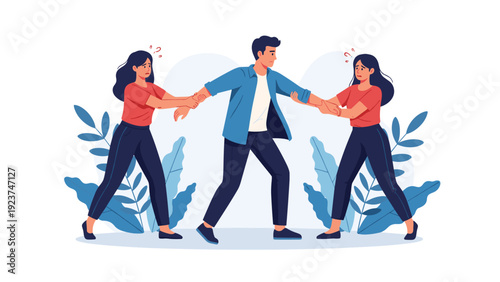 Man caught in a conflict while two worried women pull his arms representing a difficult relationship or decision making struggle.