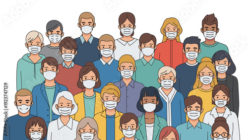 Diverse crowd of people of all ages wearing protective face masks to prevent the spread of infections in public areas.