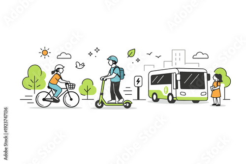 Sustainable urban transport. A friendly minimal illustration highlighting eco-friendly mobility choices. Bicycles, electric scooters, and