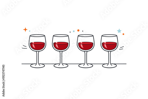 Four cups of wine. Simple wine glasses arranged on the table, quiet ceremonial rhythm of the seder. Clean editorial composition with subtle