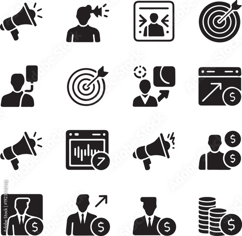 black and white business and marketing related icons on white background