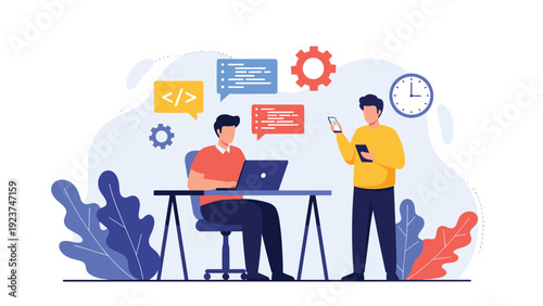 Two professional software developers collaborating on a code project using a laptop, smartphone, and tablet in a creative office.