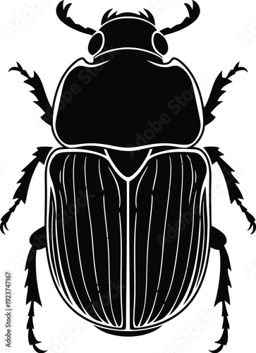 Black silhouette of a scarab beetle insect displayed against a plain.
