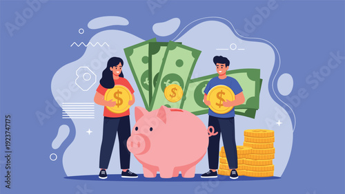 Young man and woman managing their finances by putting gold coins into a pink piggy bank with floating cash bills background.