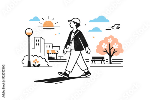 Urban sunset walk in spring. Person strolling along a city street with long shadows and soft sky colors, mindful movement and calm transition to evening.