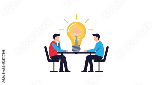 Two businessmen sitting at a desk collaborating on a shared creative idea represented by a giant glowing light bulb.