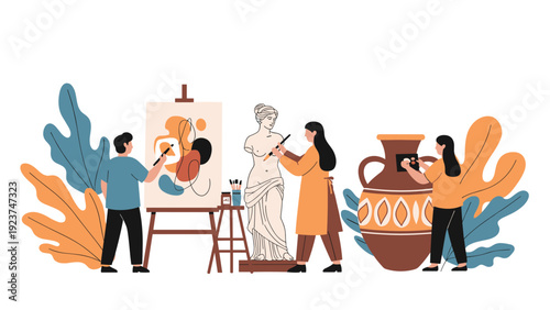 Group of creative artists working on various projects including painting on canvas, stone sculpting, and vase pottery.