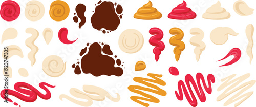 Sauce splashes and creamy swirls set. Ketchup, mustard, chocolate and mayonnaise brush strokes. Food smear collection isolated on transparent background.