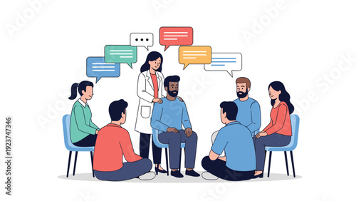 Diverse group of people participating in a support circle session with a facilitator and speech bubbles for communication.