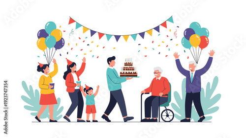Family gathering to celebrate the birthday of an elderly man in a wheelchair with a large cake and colorful balloons.