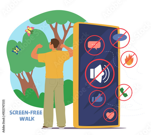 Young man embracing nature and digital detox during mindful screen free walk cartoon scene
