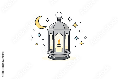 Ramadan lantern illustration. A traditional fanous lantern softly glowing, surrounded by small stars and crescent moon, creating a calm