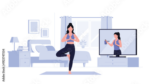 Woman practicing a yoga tree pose in her bedroom while following an online fitness tutorial on a large television screen.
