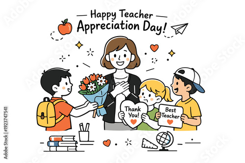 Teacher Appreciation Day illustration. A teacher smiling while students hand over flowers and thank-you cards, showing warmth and gratitude