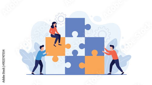 Team of collaborative people working together to assemble a large jigsaw puzzle symbolizing cooperation and strategy.