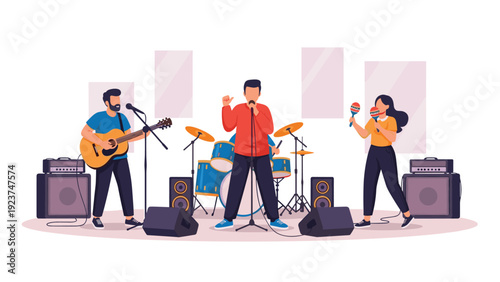Talented music band performing a live concert on stage with a lead singer, guitarist, drummer, and percussion player.