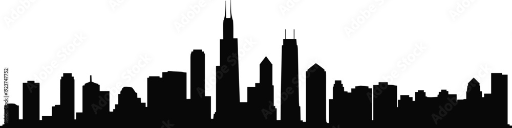 Obraz premium Black silhouette city skyline vector illustration with tall skyscrapers, urban architecture, metropolitan landmark towers, modern downtown buildings, silhouette art design