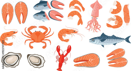 Seafood collection illustration set. Salmon, shrimp, crab, squid, lobster, oyster and fish elements. Fresh marine food vector isolated on transparent background.