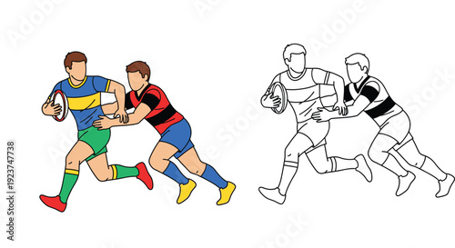 Rugby players in action, running and tackling. Vector illustration featuring both colored flat design and black and white line art drawing, perfect for sports coloring book pages.
