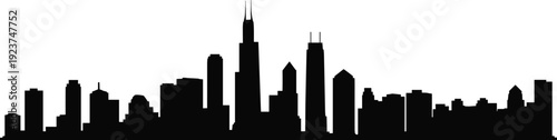 Black silhouette city skyline vector illustration with tall skyscrapers, urban architecture, metropolitan landmark towers, modern downtown buildings, silhouette art design