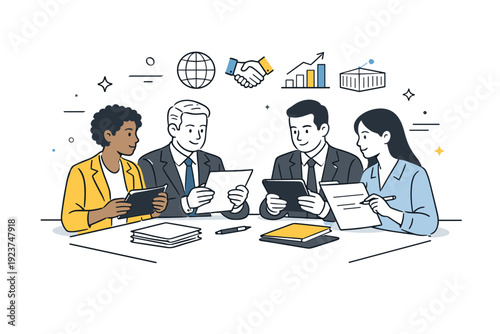 Trade agreements in emerging markets. Government and business representatives reviewing contracts on tablets and papers. Focused discussion