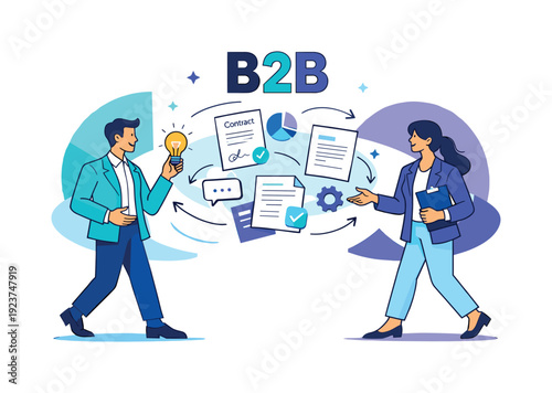 B2B collaboration. Two companies represented as stylized figures exchanging ideas, contracts